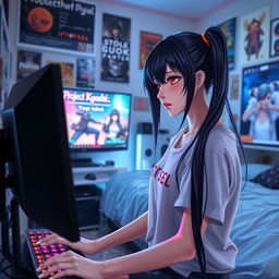 A woman with long black twintails and striking red eyes, immersed in her bedroom as she plays a video game