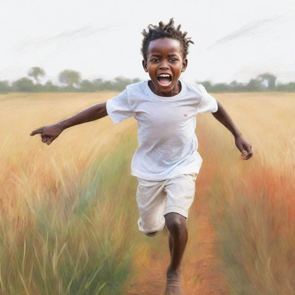 Create a 2D vibrant sketch, portraying a terrified small African boy dressed in white, running across a field. The image should bring out the boy's intense fear while maintaining a non-realistic, colorful design.