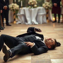 A dramatic scene featuring a slim-bodied groom dressed in a sleek black suit has fallen to the ground with an expression of dismay