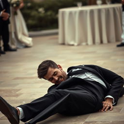 A dramatic scene featuring a slim-bodied groom dressed in a sleek black suit has fallen to the ground with an expression of dismay