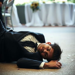 A dramatic scene featuring a slim-bodied groom dressed in a sleek black suit has fallen to the ground with an expression of dismay