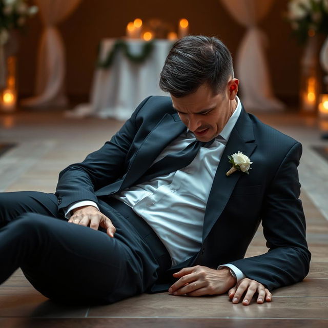 A dramatic scene featuring a slim-bodied groom dressed in a sleek black suit has fallen to the ground with an expression of dismay