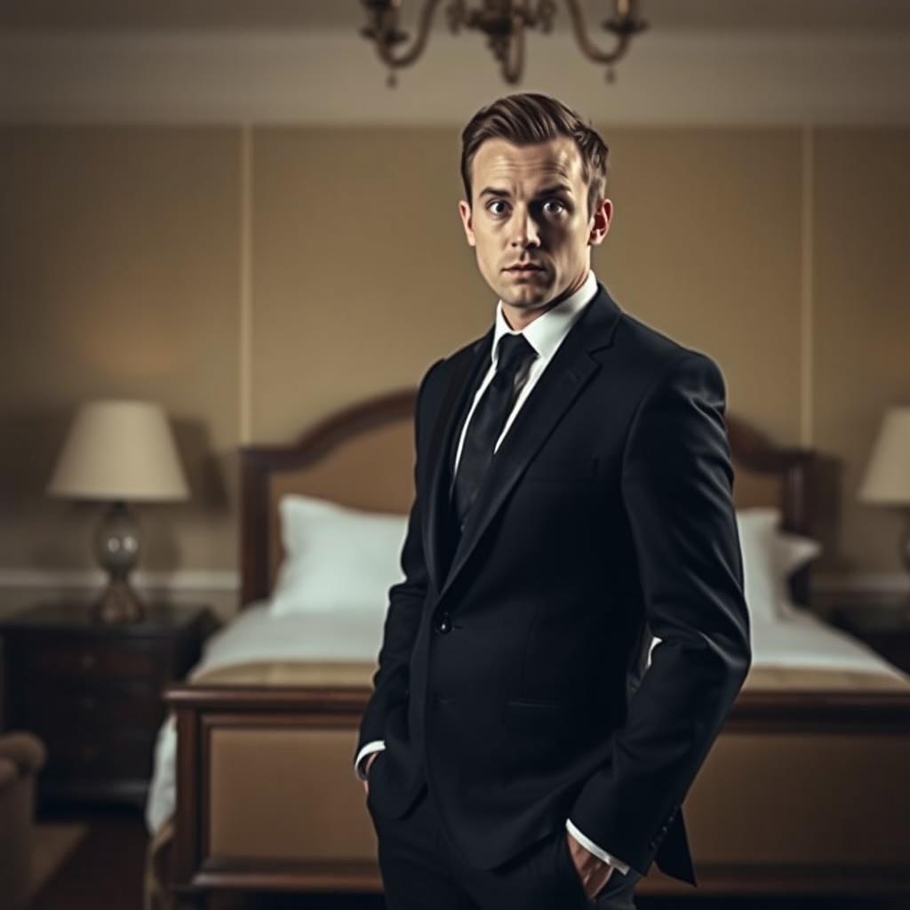 A compelling scene capturing a slim-bodied groom dressed in a classic black suit, standing in a bedroom with an expression of great shock as he looks directly at the camera