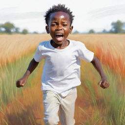 Create a 2D vibrant sketch, portraying a terrified small African boy dressed in white, running across a field. The image should bring out the boy's intense fear while maintaining a non-realistic, colorful design.