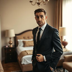 A compelling scene capturing a slim-bodied groom dressed in a classic black suit, standing in a bedroom with an expression of great shock as he looks directly at the camera