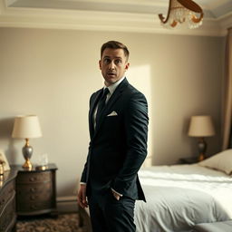 A compelling scene capturing a slim-bodied groom dressed in a classic black suit, standing in a bedroom with an expression of great shock as he looks directly at the camera