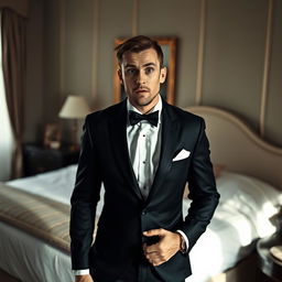 A compelling scene capturing a slim-bodied groom dressed in a classic black suit, standing in a bedroom with an expression of great shock as he looks directly at the camera