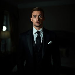 A captivating scene depicting a slim-bodied groom, impeccably dressed in a classic black suit, standing in a bedroom at night, looking directly at the camera with a great shock