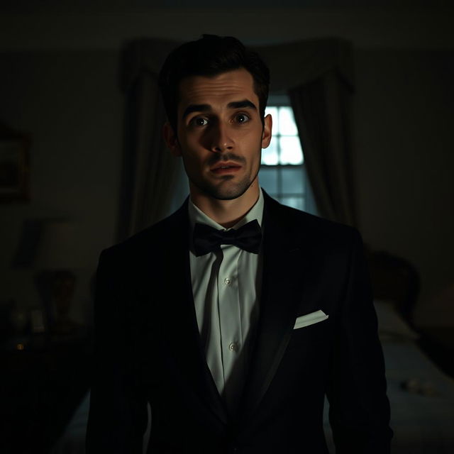 A captivating scene depicting a slim-bodied groom, impeccably dressed in a classic black suit, standing in a bedroom at night, looking directly at the camera with a great shock