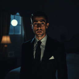 A captivating scene depicting a slim-bodied groom, impeccably dressed in a classic black suit, standing in a bedroom at night, looking directly at the camera with a great shock