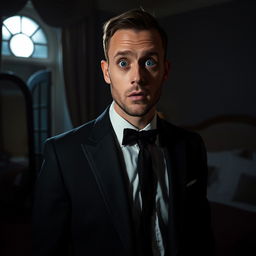 A captivating scene depicting a slim-bodied groom, impeccably dressed in a classic black suit, standing in a bedroom at night, looking directly at the camera with a great shock