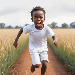 Create a 2D vibrant sketch, portraying a terrified small African boy dressed in white, running across a field. The image should bring out the boy's intense fear while maintaining a non-realistic, colorful design.