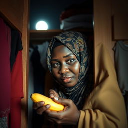 A captivating and slightly whimsical scene showing a dark-skinned, full-figured woman wearing a beautifully patterned hijab, hiding in an open wardrobe at night