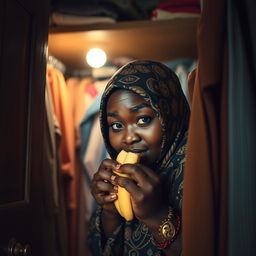 A captivating and slightly whimsical scene showing a dark-skinned, full-figured woman wearing a beautifully patterned hijab, hiding in an open wardrobe at night