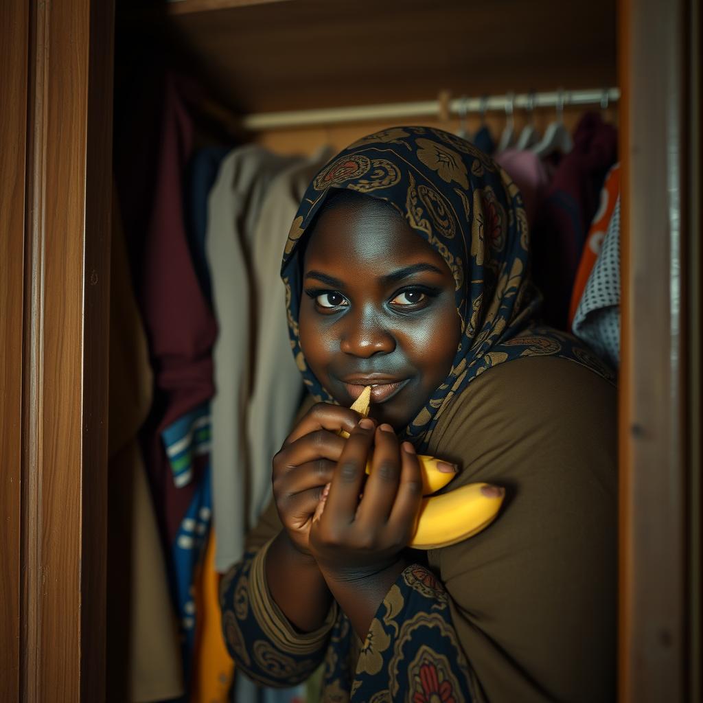 A captivating and slightly whimsical scene showing a dark-skinned, full-figured woman wearing a beautifully patterned hijab, hiding in an open wardrobe at night