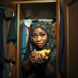 A captivating and slightly whimsical scene showing a dark-skinned, full-figured woman wearing a beautifully patterned hijab, hiding in an open wardrobe at night