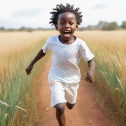 Create a 2D vibrant sketch, portraying a terrified small African boy dressed in white, running across a field. The image should bring out the boy's intense fear while maintaining a non-realistic, colorful design.