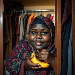 A charming and slightly humorous scene of a very fat, dark-skinned woman wearing a beautifully patterned hijab