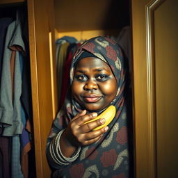 A charming and slightly humorous scene of a very fat, dark-skinned woman wearing a beautifully patterned hijab