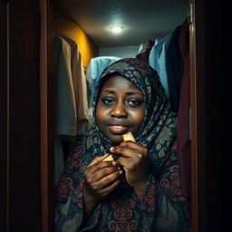 A charming and slightly humorous scene of a very fat, dark-skinned woman wearing a beautifully patterned hijab