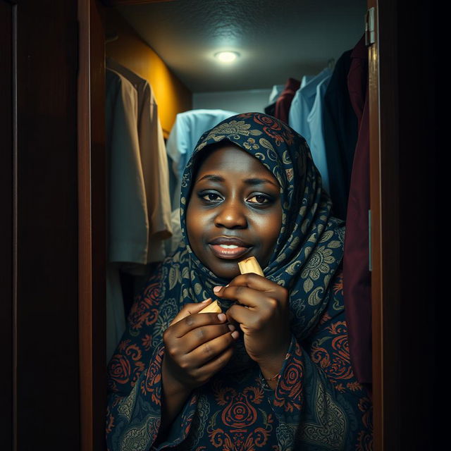 A charming and slightly humorous scene of a very fat, dark-skinned woman wearing a beautifully patterned hijab