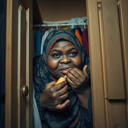 A charming and slightly humorous scene of a very fat, dark-skinned woman wearing a beautifully patterned hijab