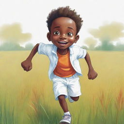 Sketch a lively 2D cartoon of a small African boy, consumed with fear, sprinting through a field. He's drawn in bright white clothes, in an adventurous, non-realistic style filled with vibrant colors.