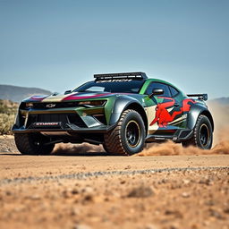 An imaginative concept of a 'catfish' Camaro with a widebody kit, transformed into a rugged rally car