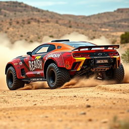 An imaginative concept of a 'catfish' Camaro with a widebody kit, transformed into a rugged rally car