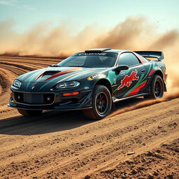 A captivating image of a 2002 Camaro SS with a widebody kit, transformed into a rally car