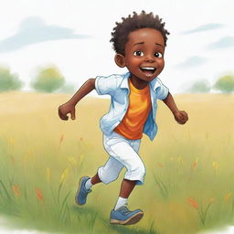 Sketch a lively 2D cartoon of a small African boy, consumed with fear, sprinting through a field. He's drawn in bright white clothes, in an adventurous, non-realistic style filled with vibrant colors.