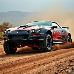 A captivating image of a 2002 Camaro SS with a widebody kit, transformed into a rally car