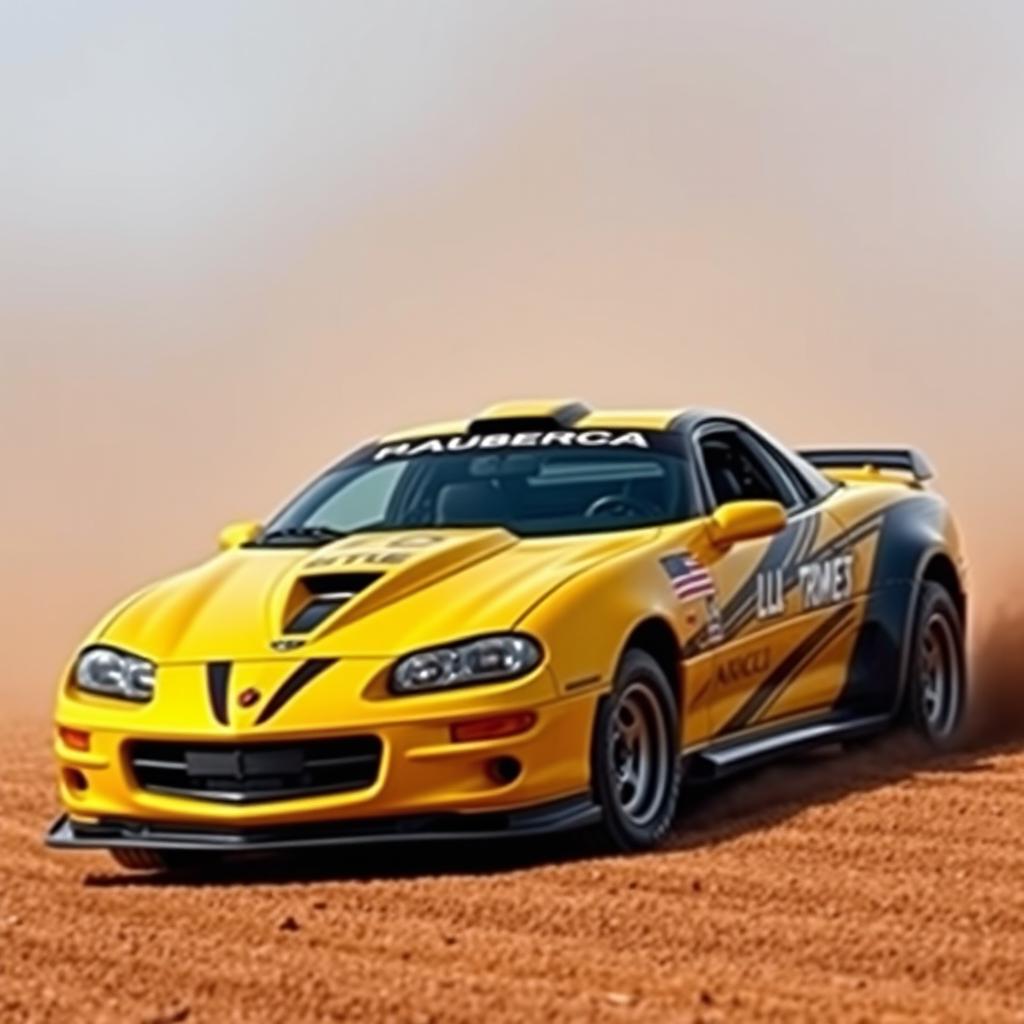 A striking image of a 2002 Camaro SS with a widebody kit, transformed into a rally car and painted in a rich, dark yellow color