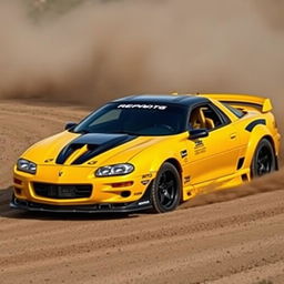 A striking image of a 2002 Camaro SS with a widebody kit, transformed into a rally car and painted in a rich, dark yellow color