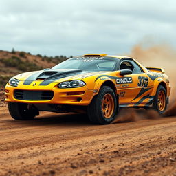 A striking image of a 2002 Camaro SS with a widebody kit, transformed into a rally car and painted in a rich, dark yellow color