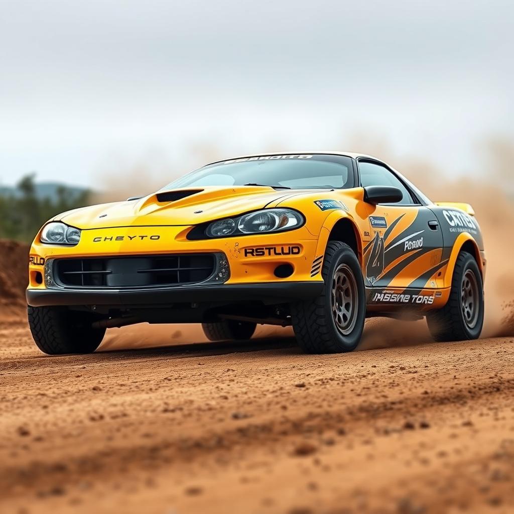 A striking image of a 2002 Camaro SS with a widebody kit, transformed into a rally car and painted in a rich, dark yellow color