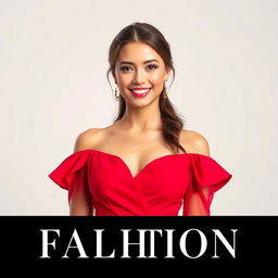 A young woman modeling for an elegant fashion advertisement, wearing a stylish, vibrant red dress, showcasing grace and confidence with a bright, captivating smile