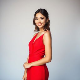 A young woman modeling for an elegant fashion advertisement, wearing a stylish, vibrant red dress, showcasing grace and confidence with a bright, captivating smile