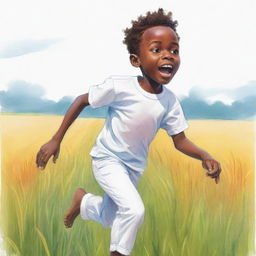 Sketch a lively 2D cartoon of a small African boy, consumed with fear, sprinting through a field. He's drawn in bright white clothes, in an adventurous, non-realistic style filled with vibrant colors.