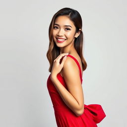 A young woman modeling for an elegant fashion advertisement, wearing a stylish, vibrant red dress, showcasing grace and confidence with a bright, captivating smile