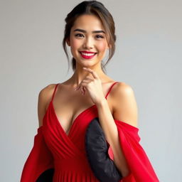 A young woman modeling for an elegant fashion advertisement, wearing a stylish, vibrant red dress, showcasing grace and confidence with a bright, captivating smile