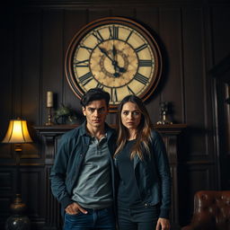 A young couple standing in a room with a large, ornate clock on the wall