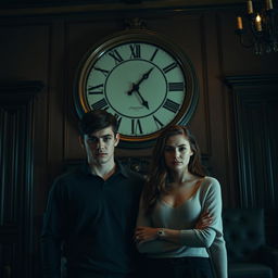 A young couple standing in a room with a large, ornate clock on the wall