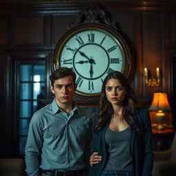 A young couple standing in a room with a large, ornate clock on the wall