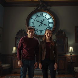 A young couple standing in a room with a large, ornate clock on the wall