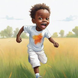 Sketch a lively 2D cartoon of a small African boy, consumed with fear, sprinting through a field. He's drawn in bright white clothes, in an adventurous, non-realistic style filled with vibrant colors.