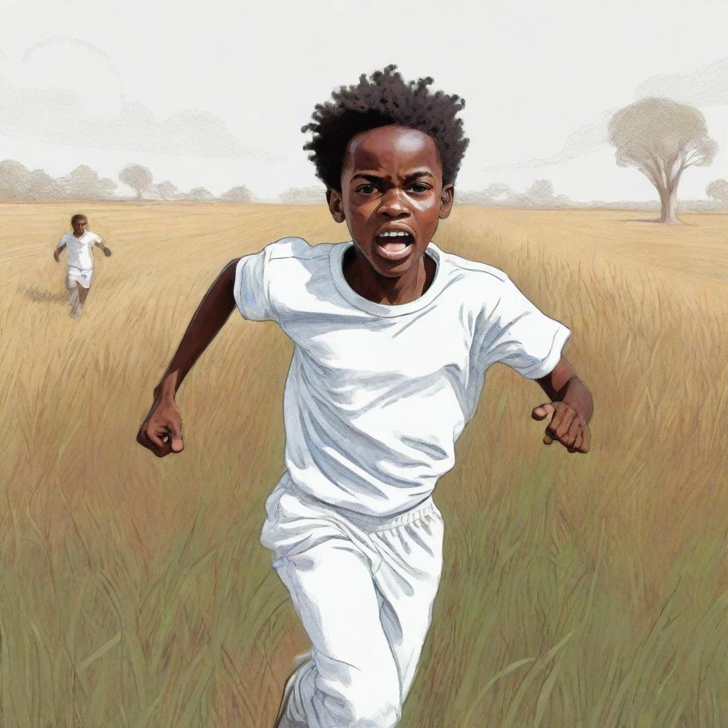 A vivid, 2D cartoon-style sketch portraying an African boy dressed in white, running in terror across a field. Amplify his fear for dramatic effect, and imbue the scene with high-contrast, bold colors.