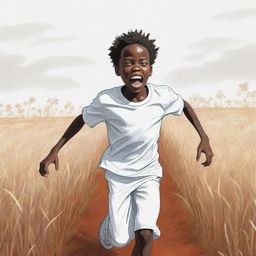 A vivid, 2D cartoon-style sketch portraying an African boy dressed in white, running in terror across a field. Amplify his fear for dramatic effect, and imbue the scene with high-contrast, bold colors.