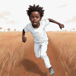 A vivid, 2D cartoon-style sketch portraying an African boy dressed in white, running in terror across a field. Amplify his fear for dramatic effect, and imbue the scene with high-contrast, bold colors.