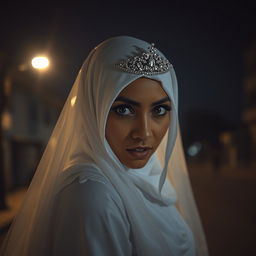 A Muslim bride wearing a white hijab, a white dress, a bridal veil, and a sparkling tiara, looking directly at the camera with an expression of great horror